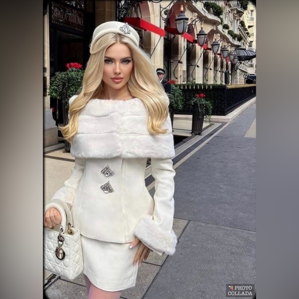 New Old Money Jessica Bara White Faux Fur Jacket and Matchinv Skirt size S